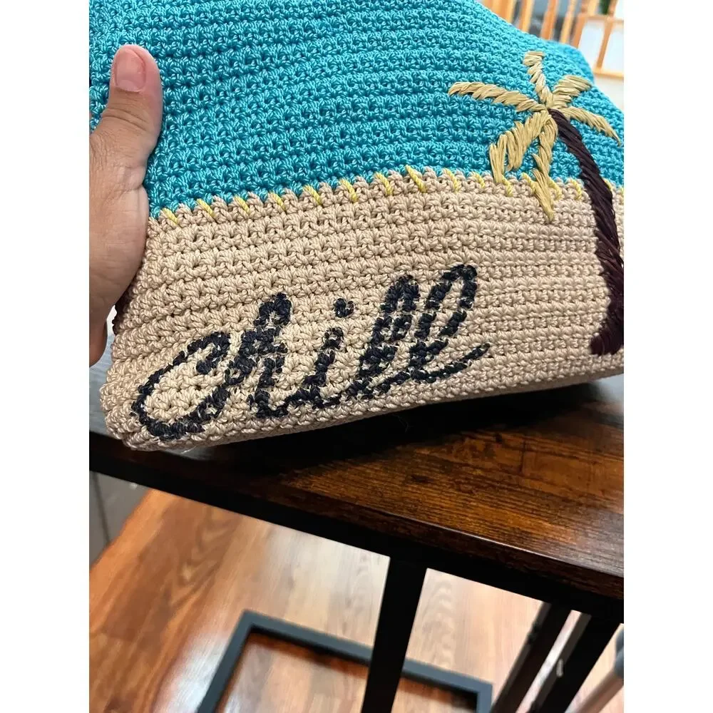 The Sak Crochet Teal Brown Embroidered Chill Palm Tree Shoulder Bag Vacation